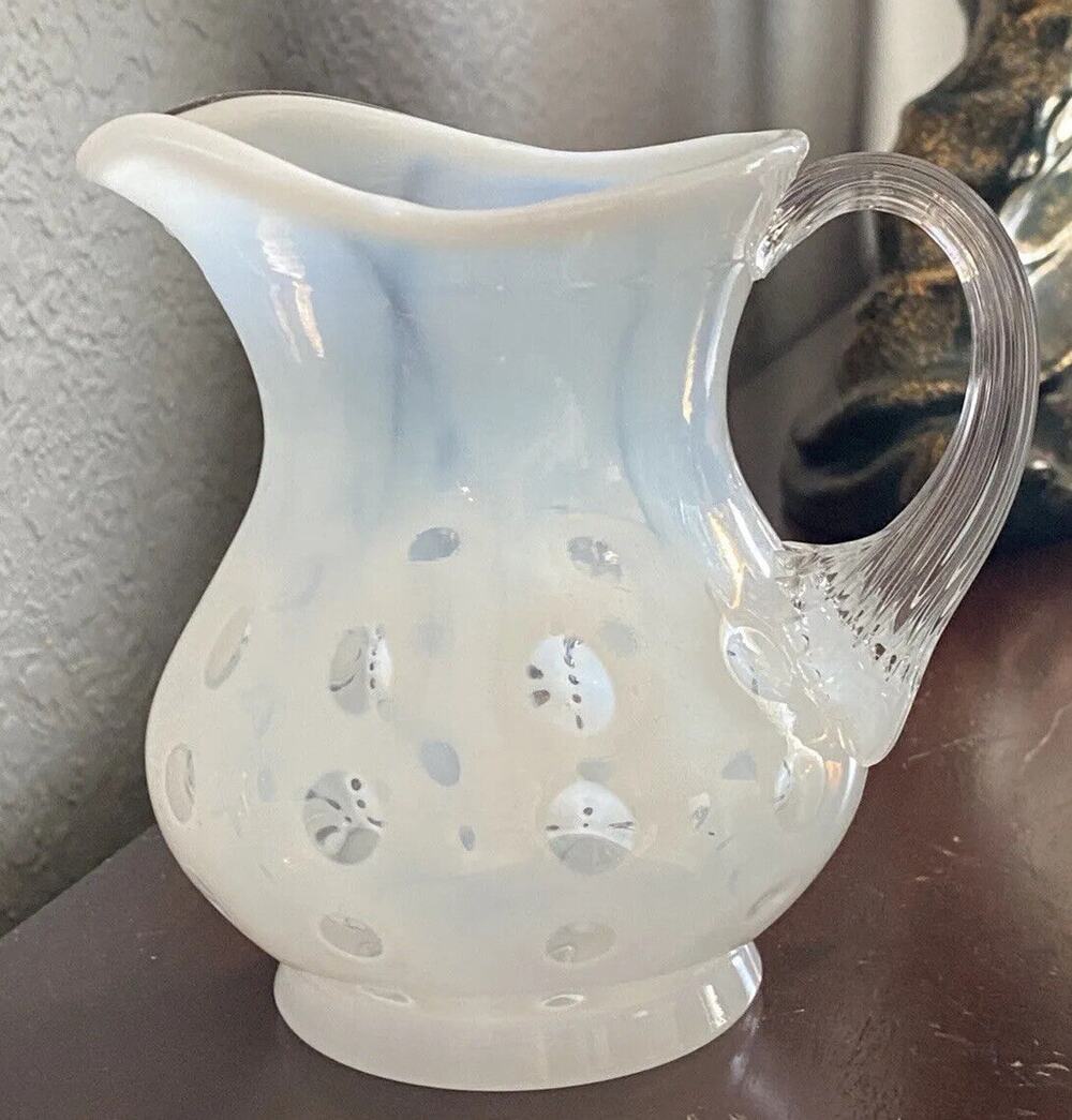 Vintage Fenton White Coin Dot Creamer Pitcher Small Opalescent 4” Glass Vase